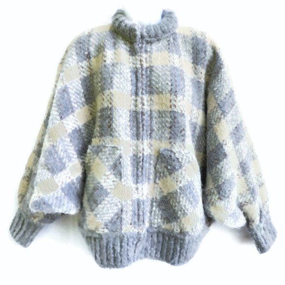 Vintage Sweater Jacket Wool Gray Cream Plaid Full Zip Crew Neck Pockets Bomber